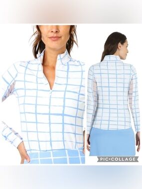 IBKUL White and Light Blue Grid-Print Quarter-Zip Pullover